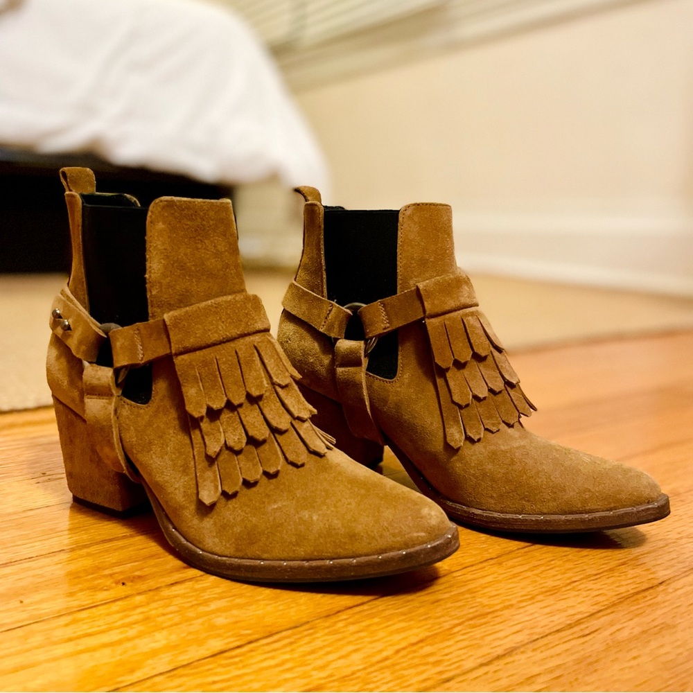 Freda Salvador Brown Suede Fringe Ankle Chelsea Boots
